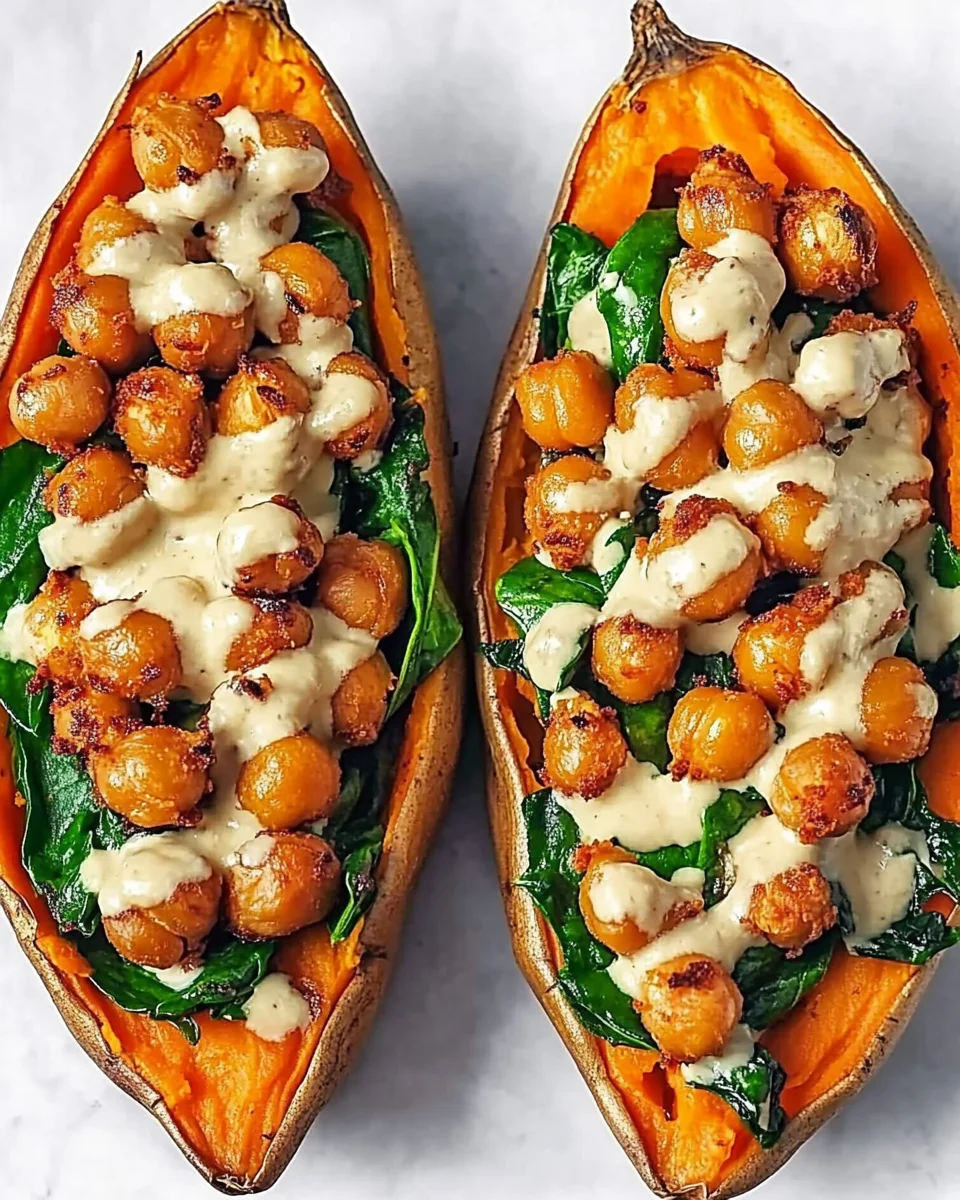 Stuffed Sweet Potato with Crispy Chickpeas, Spinach, and Tahini: A Nourishing and Flavorful Meal