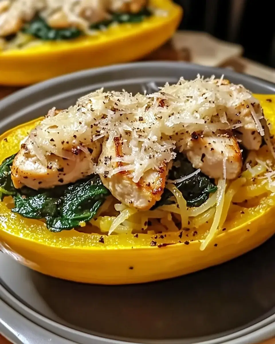 Garlic Parmesan Stuffed Spaghetti Squash with Chicken Awaits!