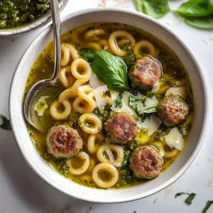 Summer Pesto Mini Meatball Soup.