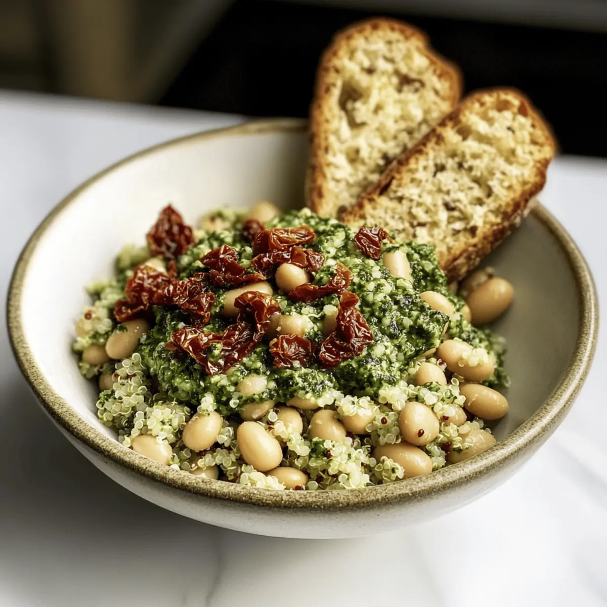 Spinach Pesto Butter Bean Lentil Quinoa Bowls with Sun-Dried Tomatoes Delight