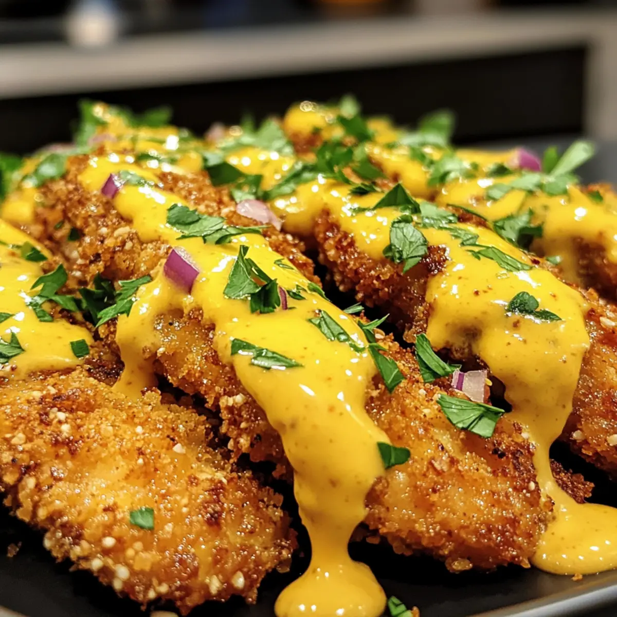 Pretzel Crusted Chicken with Cheddar-Mustard Sauce Delight