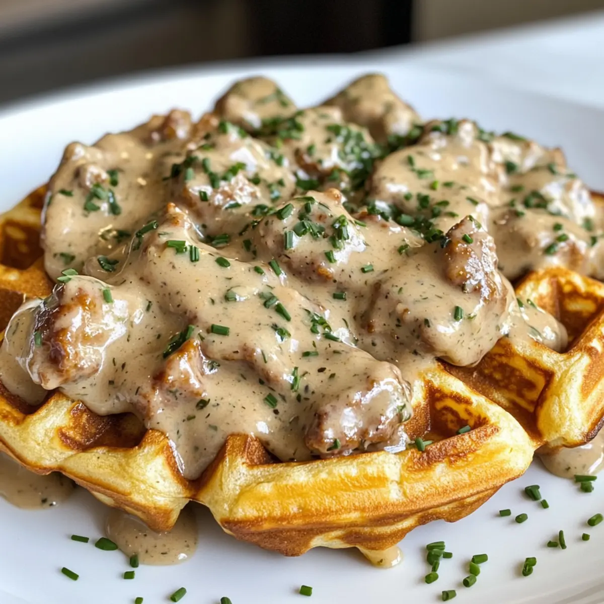 Cheddar Chive Waffles with Sausage Gravy for Cozy Mornings