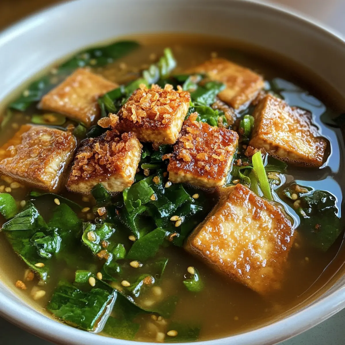Ginger Miso Brothy Soup with Crispy Shredded Sesame Tofu Bliss